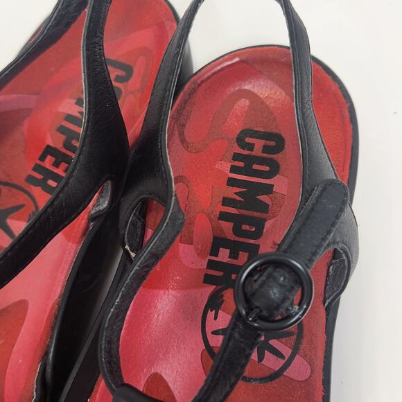 Camper Women Black Leather Ankle Strap Sandal Size 40 US 9 Peep Toe Red Insole - Picture 5 of 9